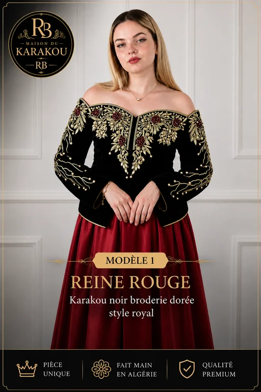 Karakou algérien noir avec broderie dorée et rouge — Maison du Karakou RB