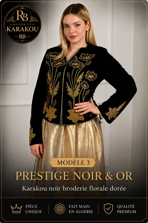 Karakou algérien noir avec broderie florale dorée — Maison du Karakou RB